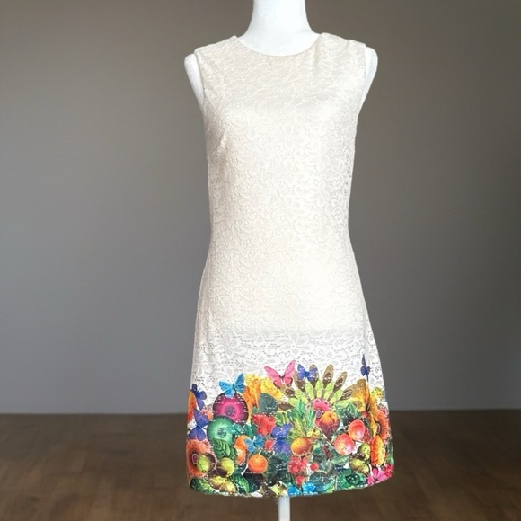 Desigual Cream Lace Sleeveless Colorful Hemline Sheath Dress Size 40 EU / 6 US - Picture 3 of 12